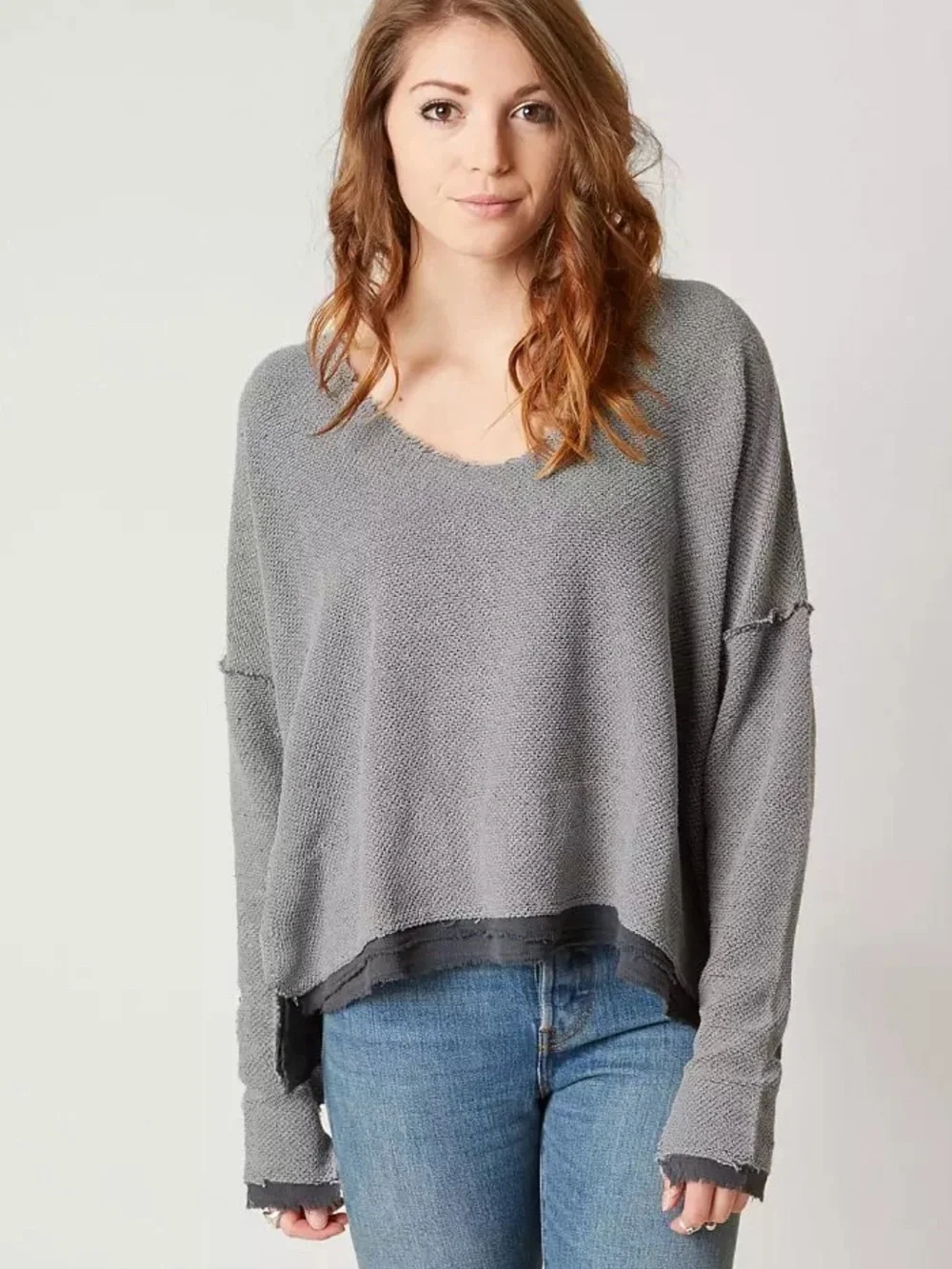 Free People Oversized Textured Dolman Top Small Gray Raw Edge Boho